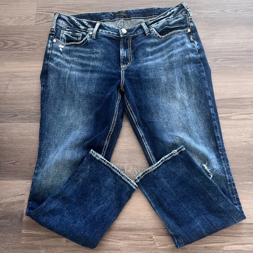Silver Jeans Women's Straight Leg Dark Blue Distressed Jeans